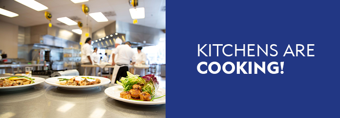 Kitchens Are Cooking! Class Sizes have been reduced, social distancing is in-place, live online classes when not on campus